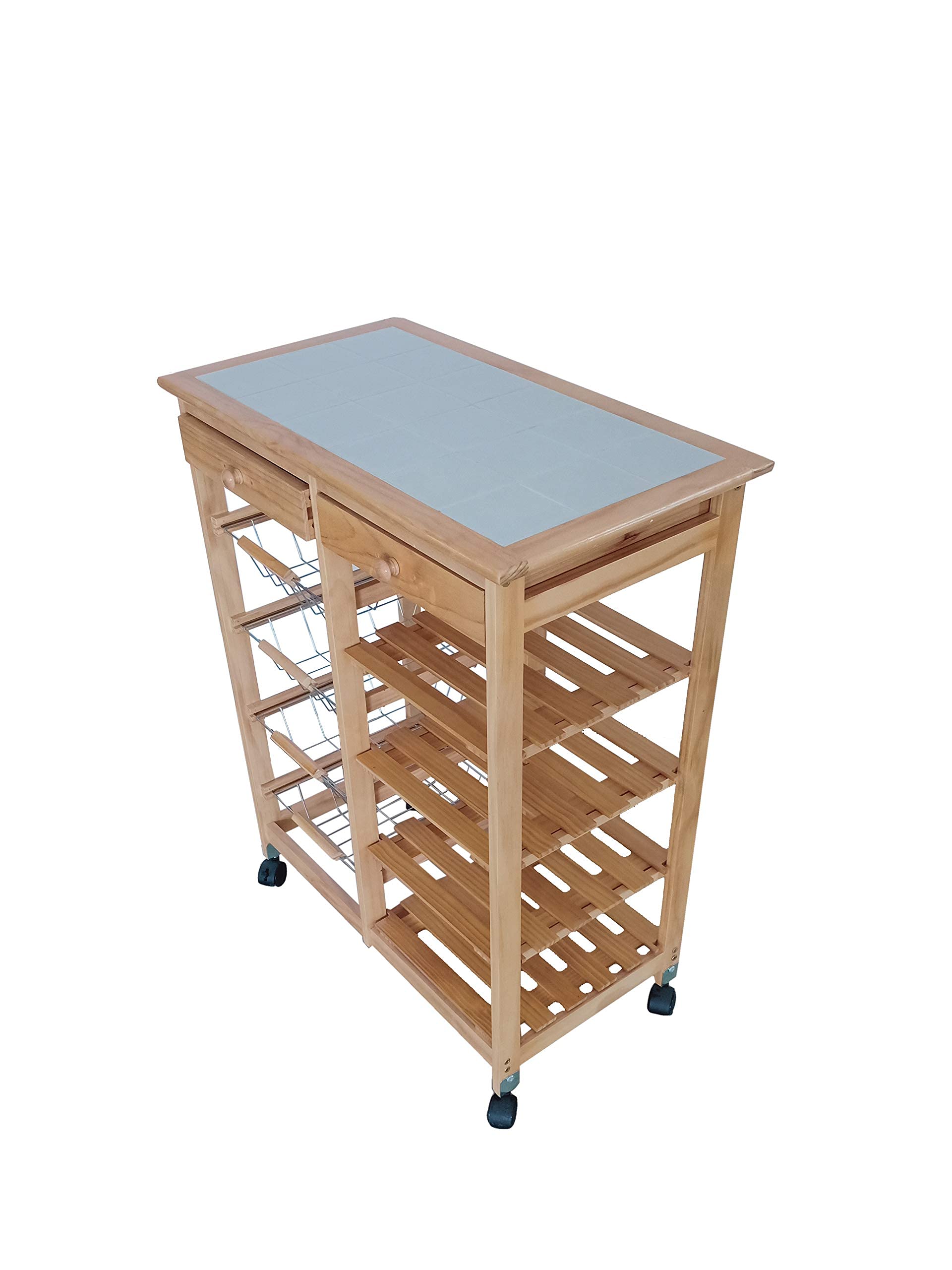 Meyvaser Carrello da cucina in legno con 2 cassetti, 4 ripiani e 4 vassoi in metallo 85x67x37 cm Colore Miele