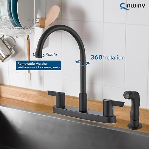 Miniatura 10 de Cinwiny Grifo de cocina, grifo de fregadero de cocina de doble manija para fregadero de 3 agujeros de 8 pulgadas, grifo de cocina de arco alto