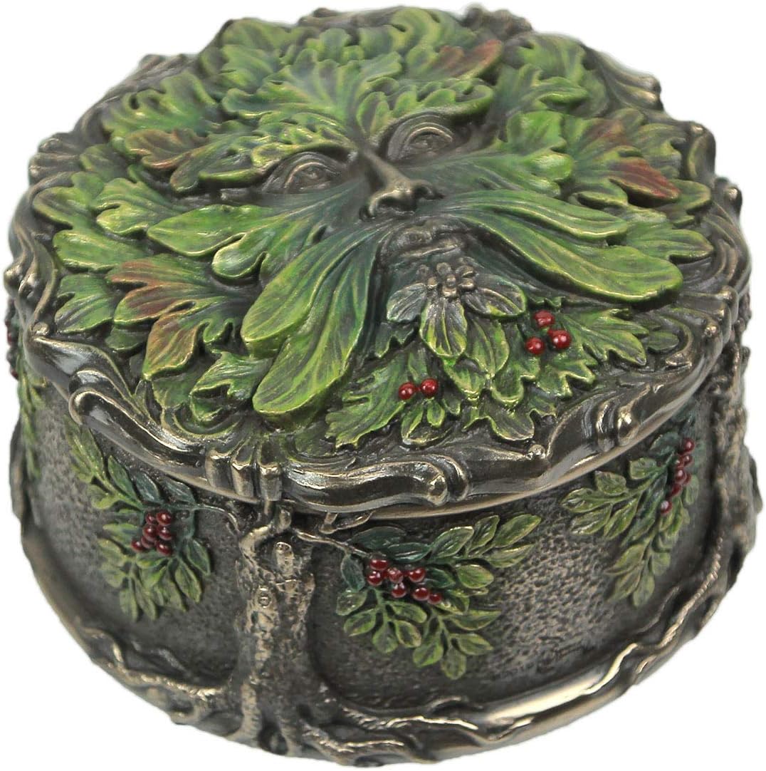 Veronese Design Celtic Green Man Trinket Box - 4 Inch Round Decorative Storage Box with Lid, Cold Cast Bronze Resin Statue, Antique Finish Home Decor, Berry Harvest Design Gift