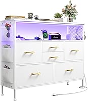 Vista 15 de Cómoda para dormitorio, soporte de TV con tomas de corriente y luz LED, cómoda de 6 cajones con bolsillos laterales y ganchos, cómoda ancha