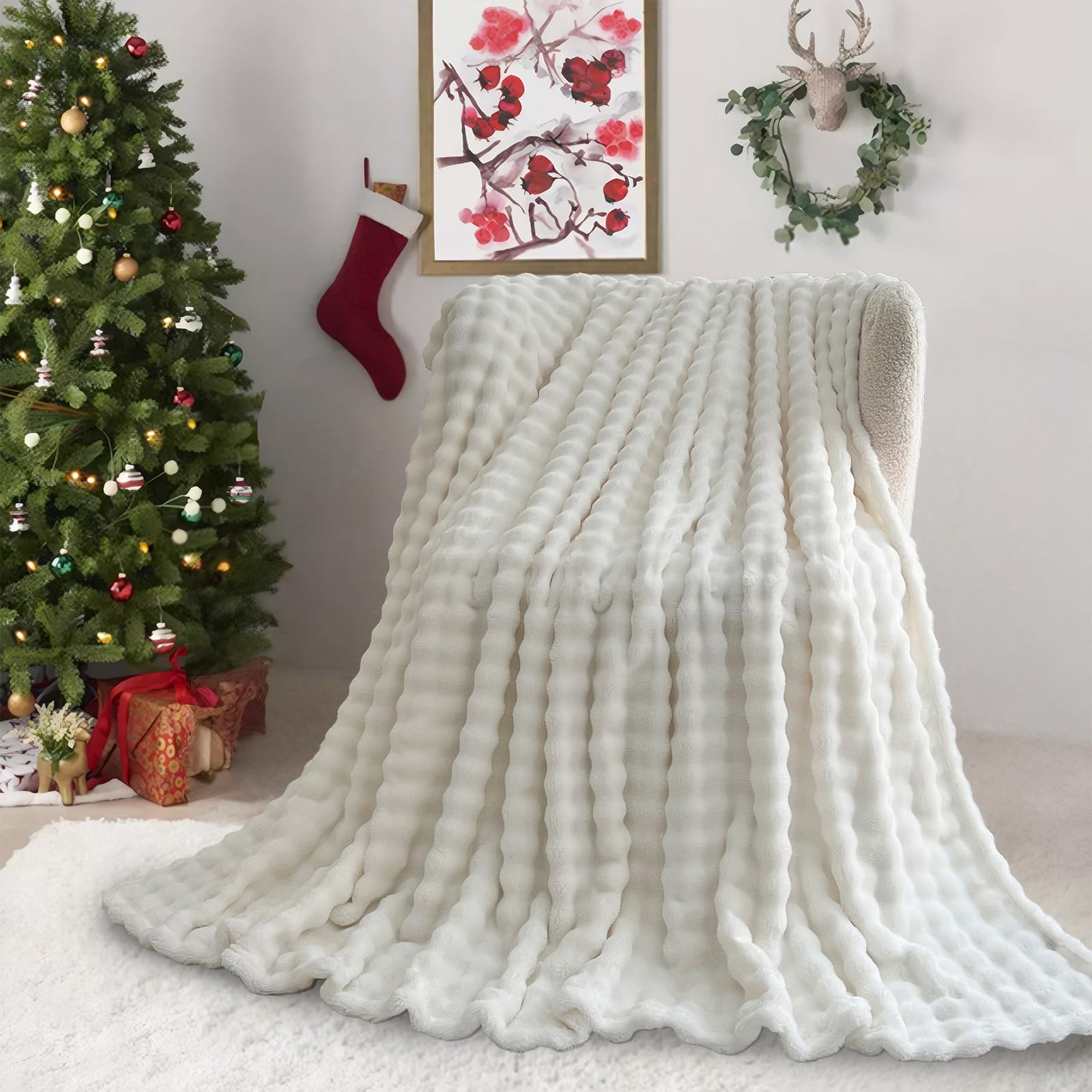 SHANNA Súper Suave y Cálida Manta de Terciopelo de Leche con Burbujas 450 gsm, Ideal para Sofá, Gran y Versátil Manta para Dormitorio, Sofá, Viaje, Coche, Camping (Blanco, 100x160 cm)