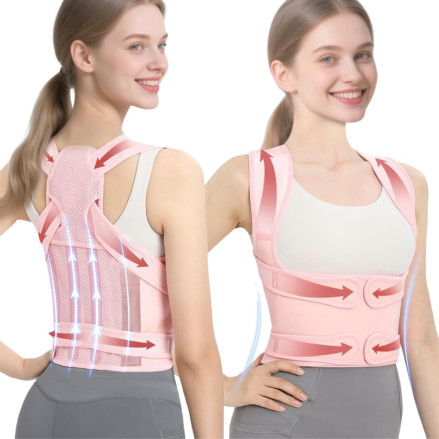 Posture Corrector for Women and Men, Full Back Brace with Adjustable Shoulder Straightener, Upper & Lower Back Support for Pain Relief, Spine Alignment, Scoliosis, Hunchback (M, Pink)