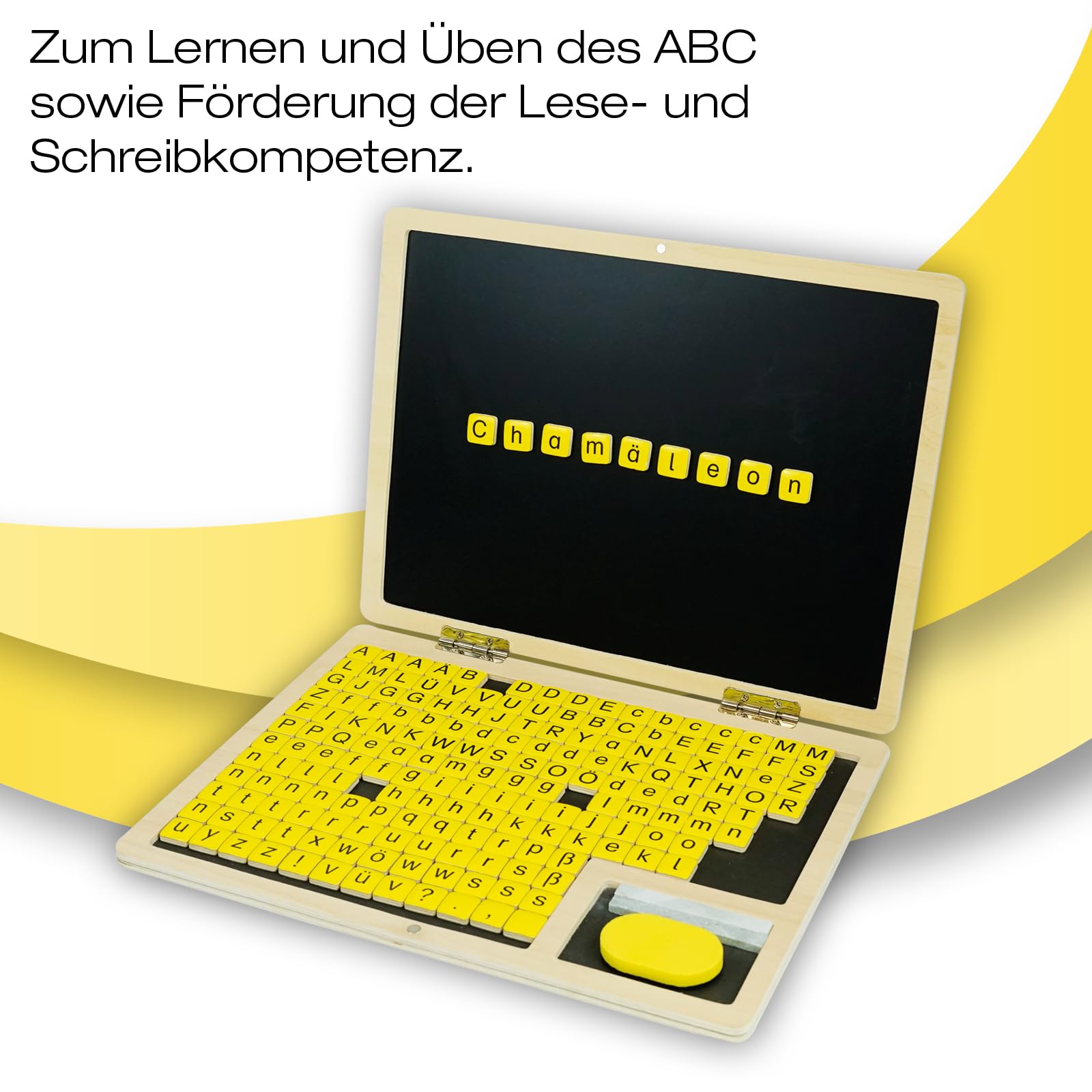 TimeTEX Lese-Klapp-Computer aus Holz, 189-tlg. | ABC Lernspiel, magnetisch mit Tafelfläche & Buchstaben-Steinen | Laptop Spielzeug für Kinder zum Lesen & Schreiben Lernen