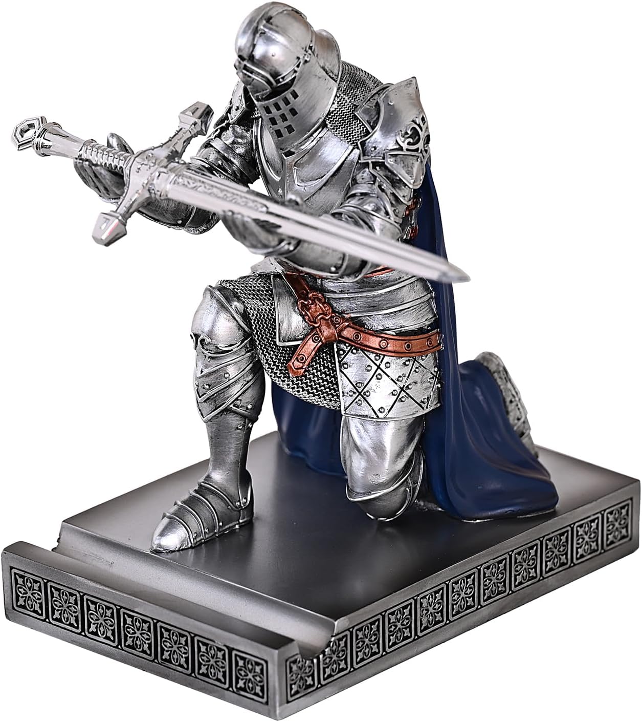 King's Guard Leader Cloak Warrior Knight Pen Holder Mobile Phone Stand, Ornament Knight Statue, Pen Stand Paperweight for Office and Home (SilverBlue)