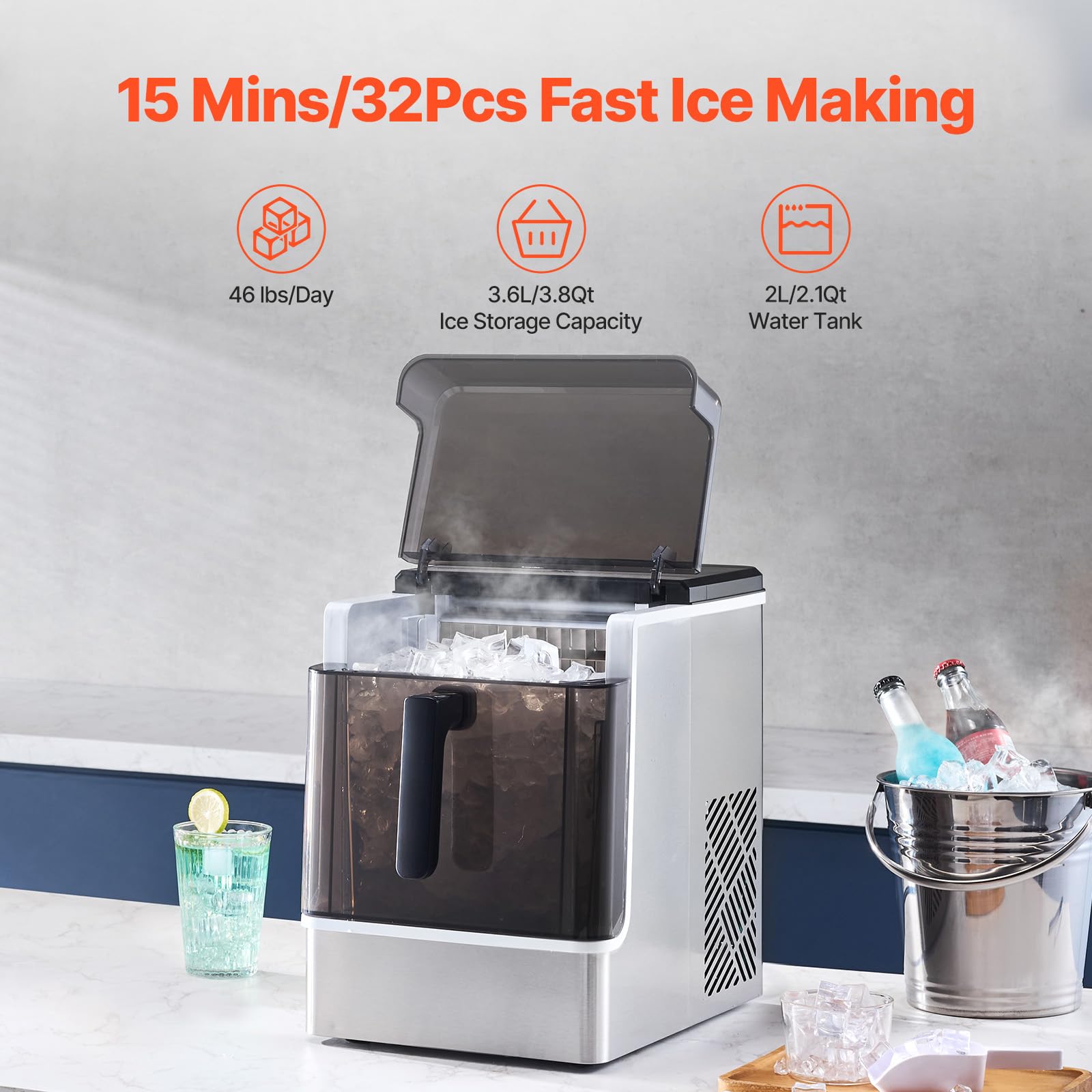 Happybuy Countertop Ice Maker, Produces 32 Cubes In 15 Minutes, Yields 46lbs In 24 Hours, Self - Cleaning And Portable, Features Convenient Ice Transfer, Offers 3 Ice Cube Sizes For Home, Kitchen on Fridge.com - View 3