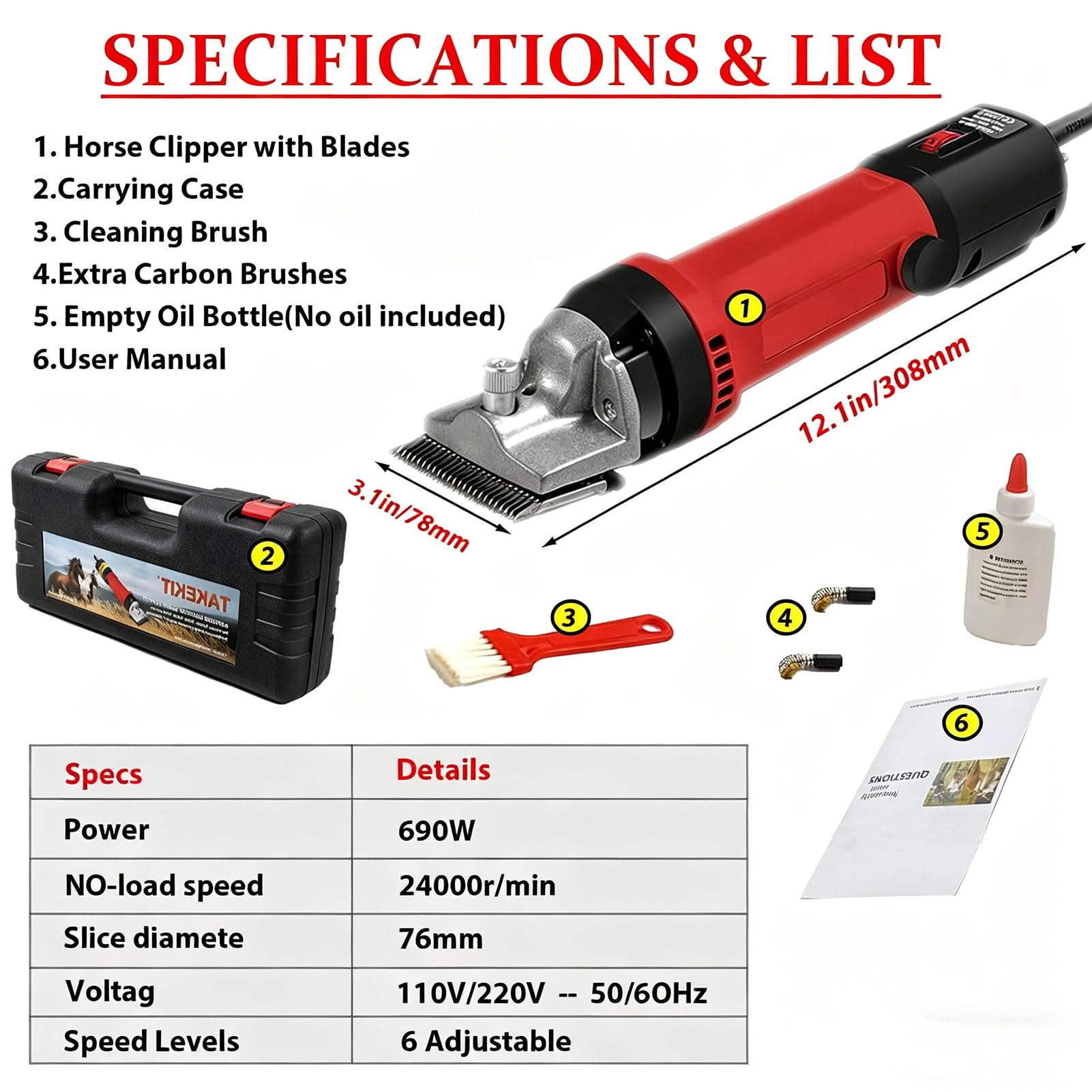 Esquiladora Eléctrica para Caballos 690w 2800rpm Recortadora Equina Profesional con Ajuste de 6 Velocidades Ajuste de Tensión de Cuchilla Diámetro de Corte 77mm Tijeras Eléctricas para Ganado Caballo