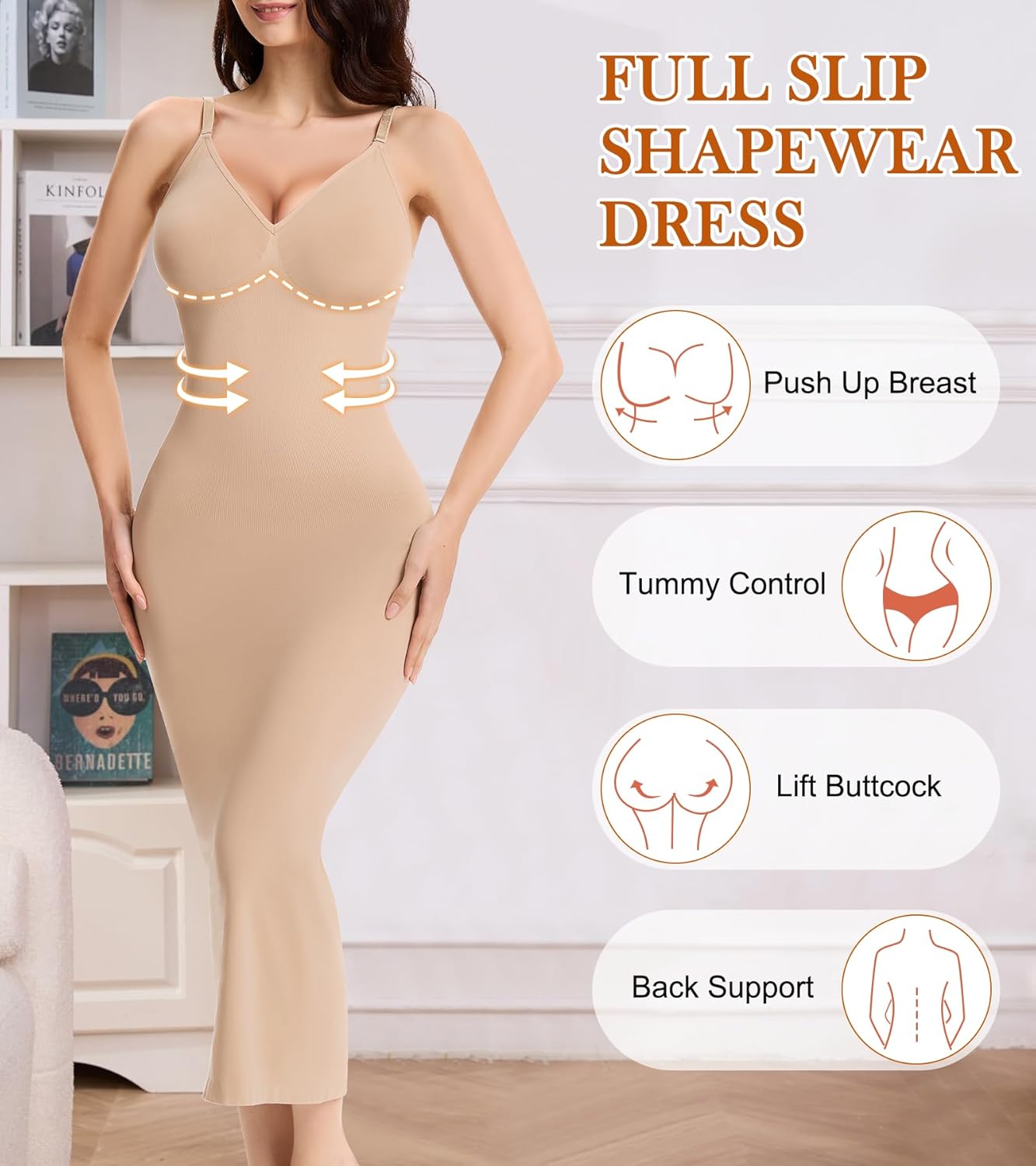 Shapewear Slips For Under Dress Tummy Control V Neck Long Full Slip Dresses for Women Body Shaper Seamless with Adjustable Strap Beige S - Image 4