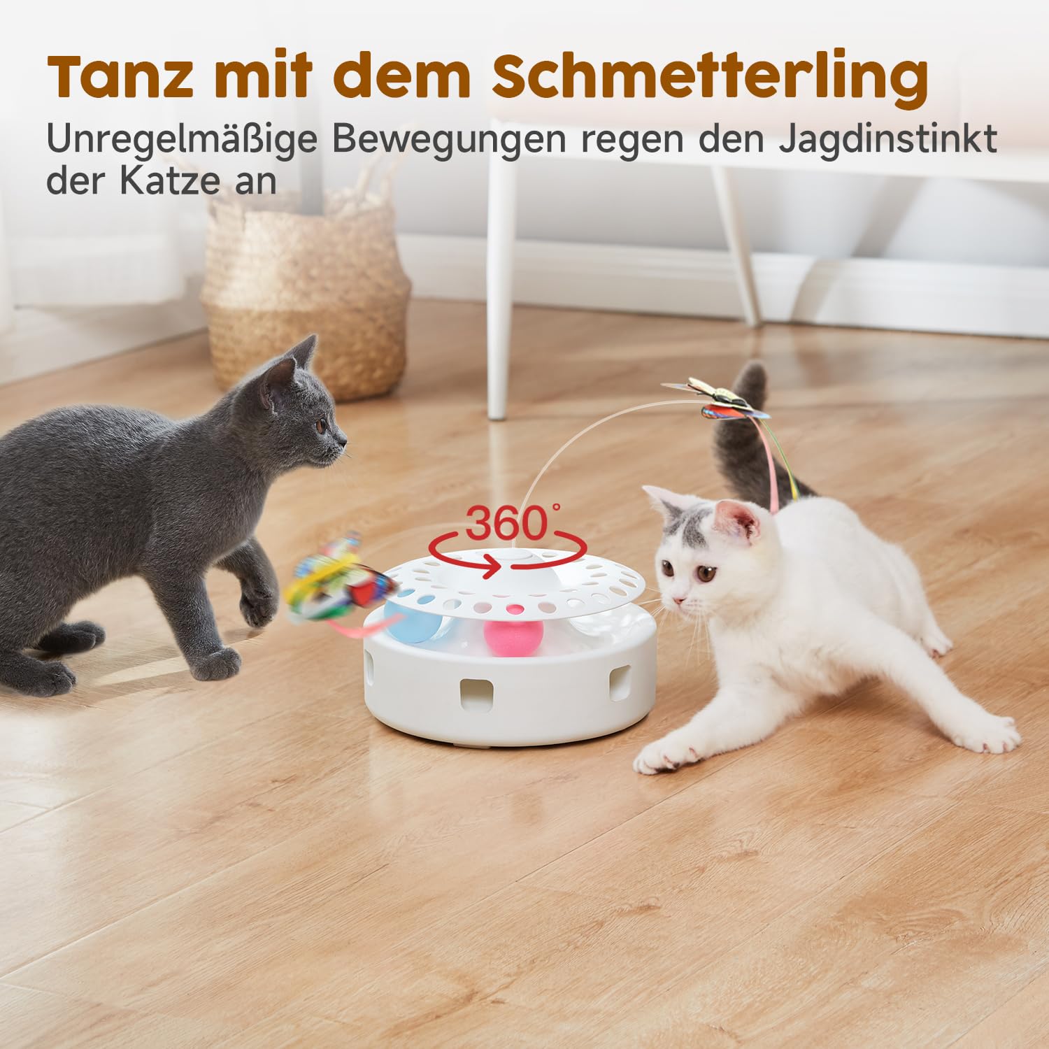 Potaroma 3-in-1 Interaktives Elektrisches Katzenspielzeug – Automatisches Federspiel, Flatternder Schmetterling & Katzenballbahn – USB-betrieben & Batteriebetriebenes für Wohnungskatzen