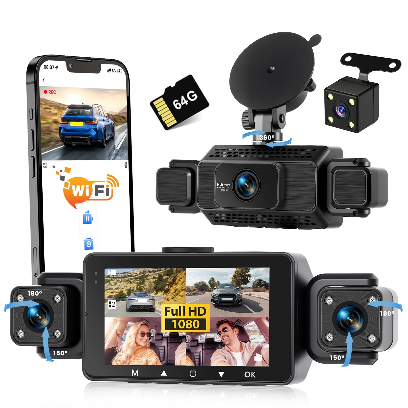 Dashcam Voiture 4 Canaux Avant/Arrière 1080P, Caméra Voiture WiFi avec Carte SD de 64 Go, écran IPS 3", Grand Angle, Vision Nocturne IR 8, Capteur G, Dash Cam Voiture avec Enregistrement en Boucle