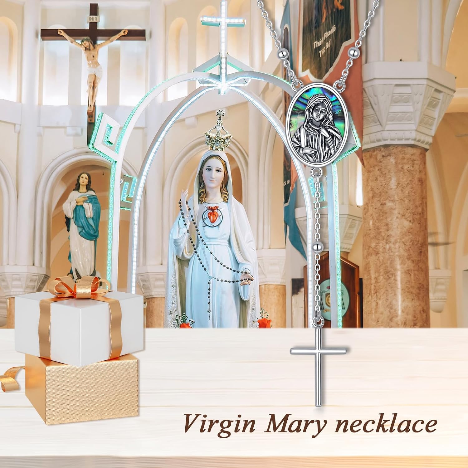 KQF Virgin Mary Necklace for Women 925 Sterling Silver Cross Pendant Y Necklace Abalone Shell Religious Jewelry Gift