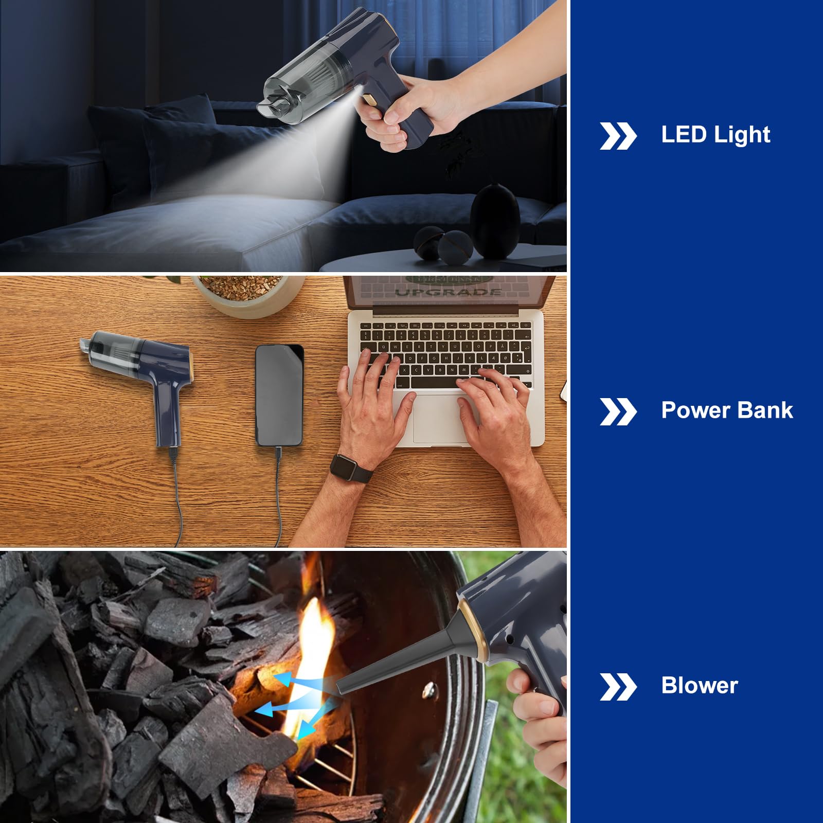 WADEO 12000PA Aspirapolvere Portatile con Motore Brushless e Ultra Aspirazione, Aspirapolvere per Auto Aggiornato con Luce LED, Mini Aspirapolvere Senza Fili 3 in 1 Power Bank per Auto, Casa, Tipo C