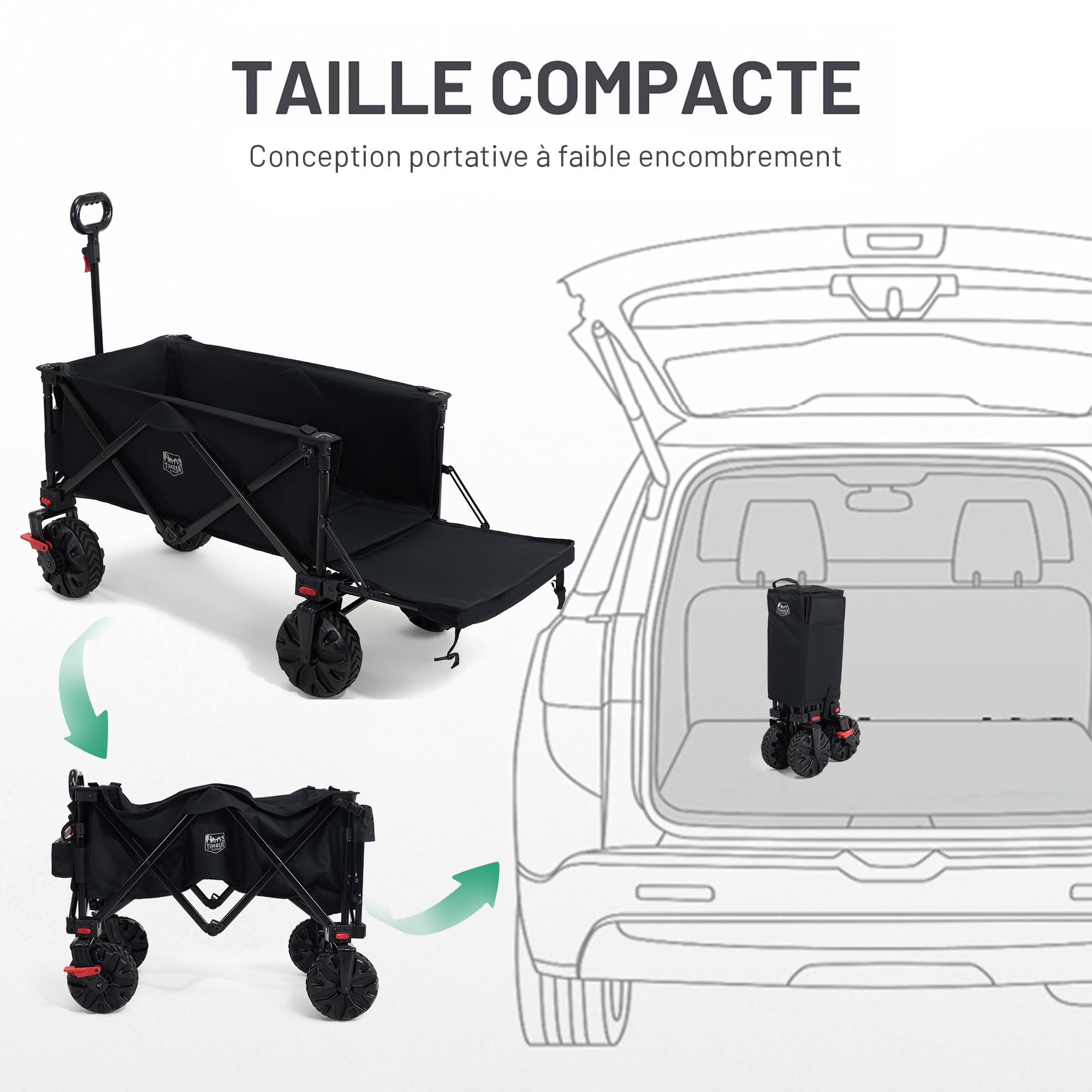 TIMBER RIDGE Chariot de Plage Pliable XXXL avec Hayon 135 kg Chariot de Festival Pliant Robuste Roues Larges Amovibles et Poignée Réglable pour Camping Jardin Shopping Noir