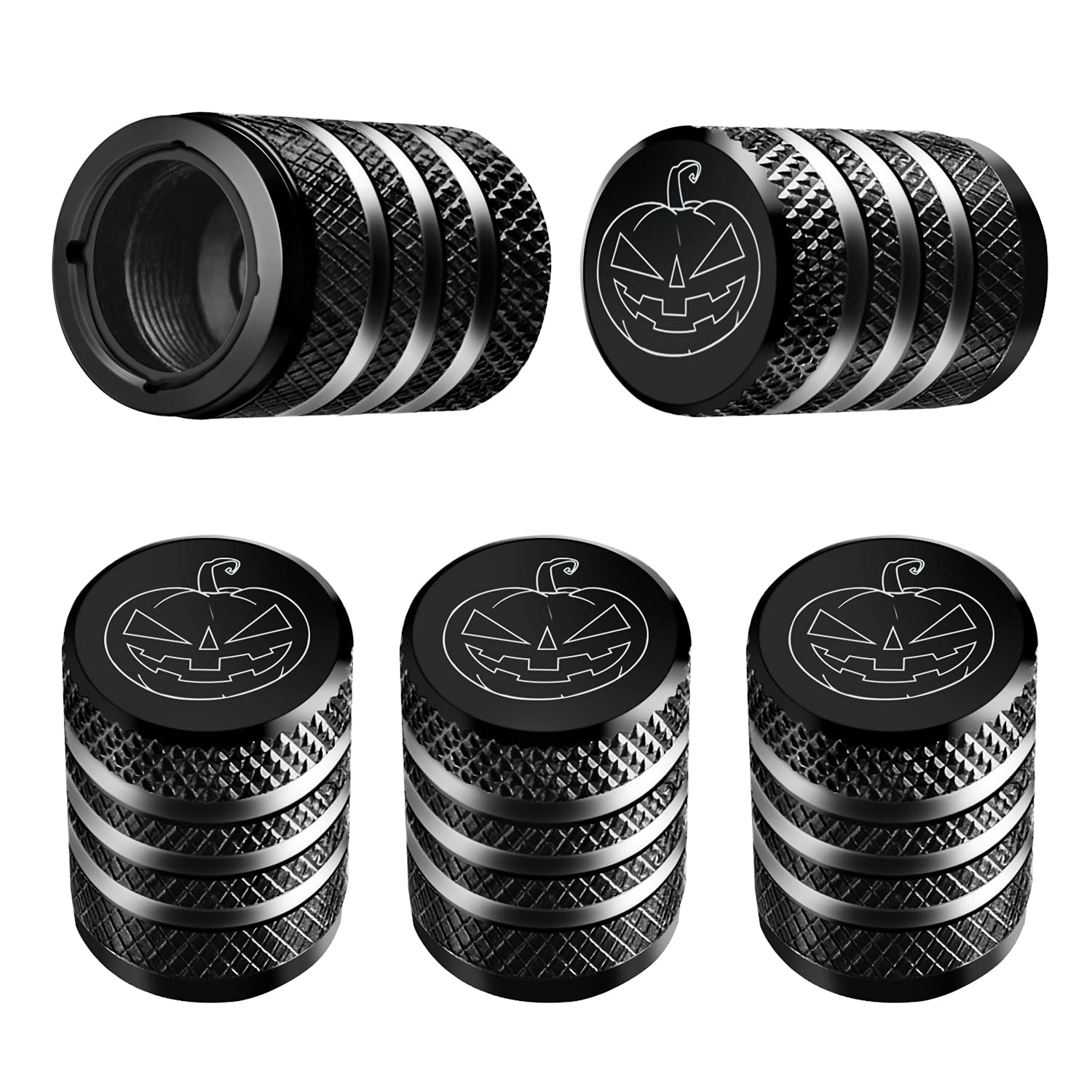 Tire Valve Stem Cap Cover - (5 Pack) Tire Air Cap Metal with Plastic Liner Corrosion Resistant Leak-Proof Halloween Pumpkin Car Decoration Accessories Black