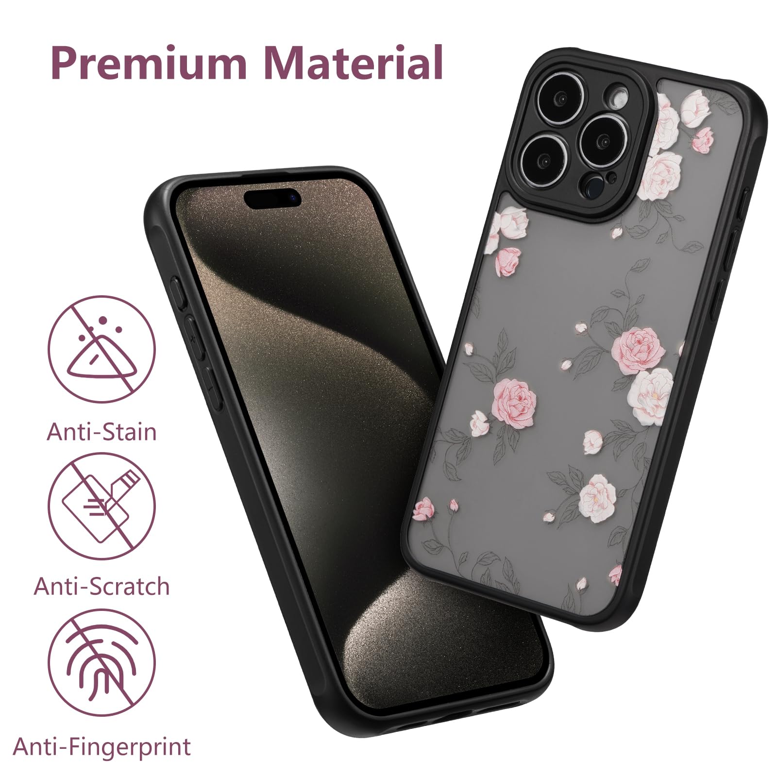 XIZYO Rose Flower Case for iPhone 15 Pro, Cute Frosted Translucent Rose Floral Pattern Aesthetic Phone Case - Image 4