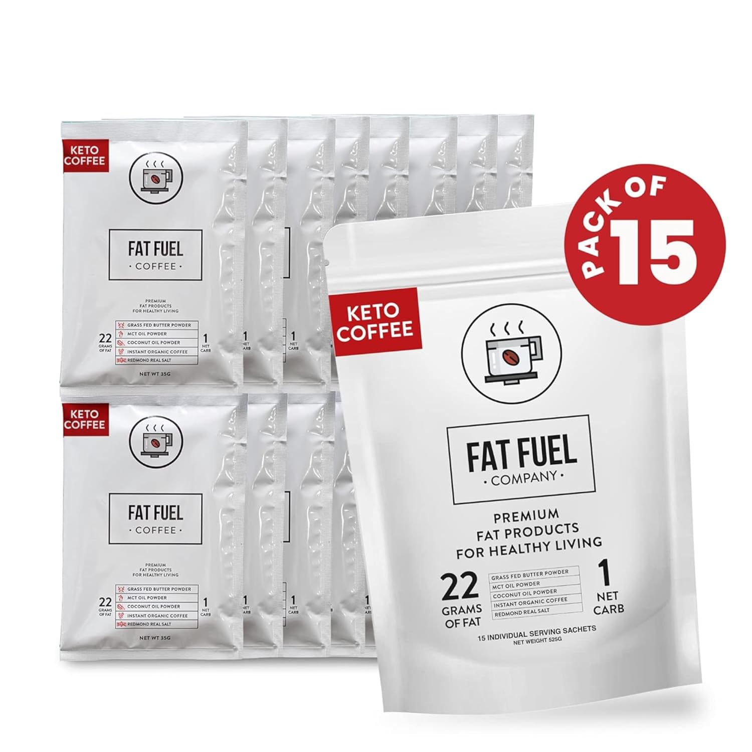 FAT FUEL Keto Coffee 22g Premium Fats - With Grass Fed Butter, MCT Oil, Coconut & Redmond Real Salt - Instant Organic Coffee, One Net Carb, A True Meal Replacement - 15 Servings