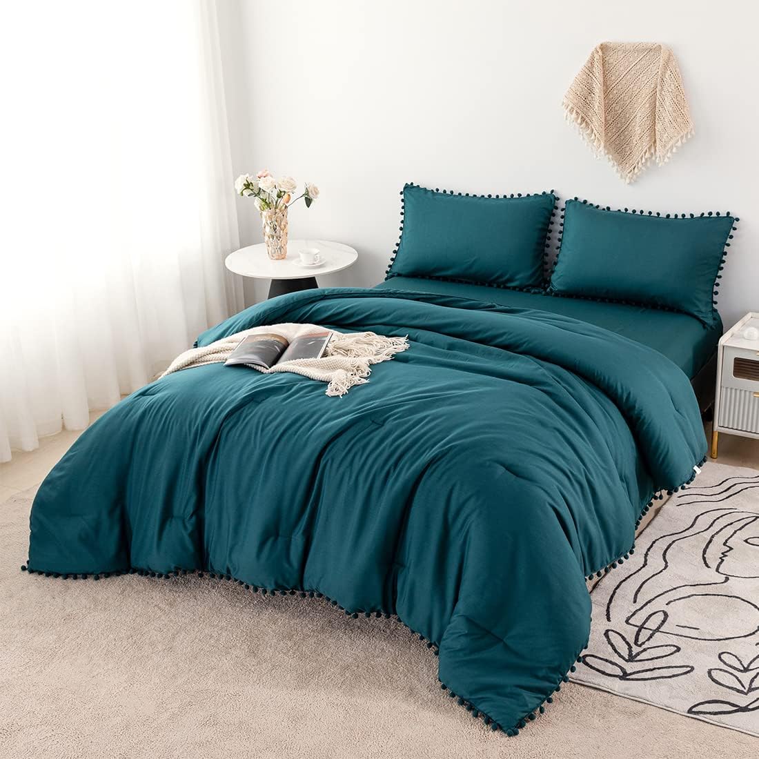 PERFEMET Teal Bed in A Bag Twin Size 5 Pieces Boho Pom Pom Comforter Set with Sheets