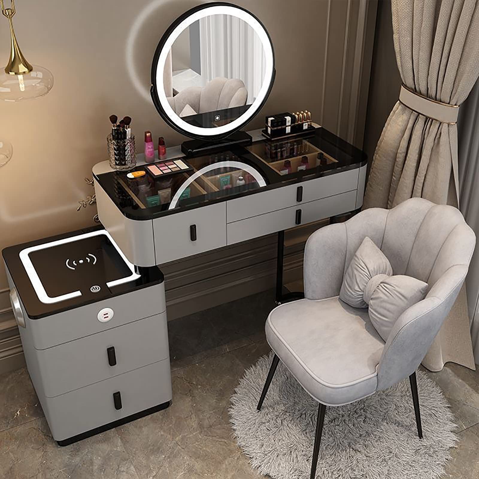 CGCSYZ Makeup Vanity Desk with Wireless Charging Station Speaker Mirror 5 Drawers Stool Gray Wood Bedroom Dressing Table(Gray B-L:80cm/31.5")