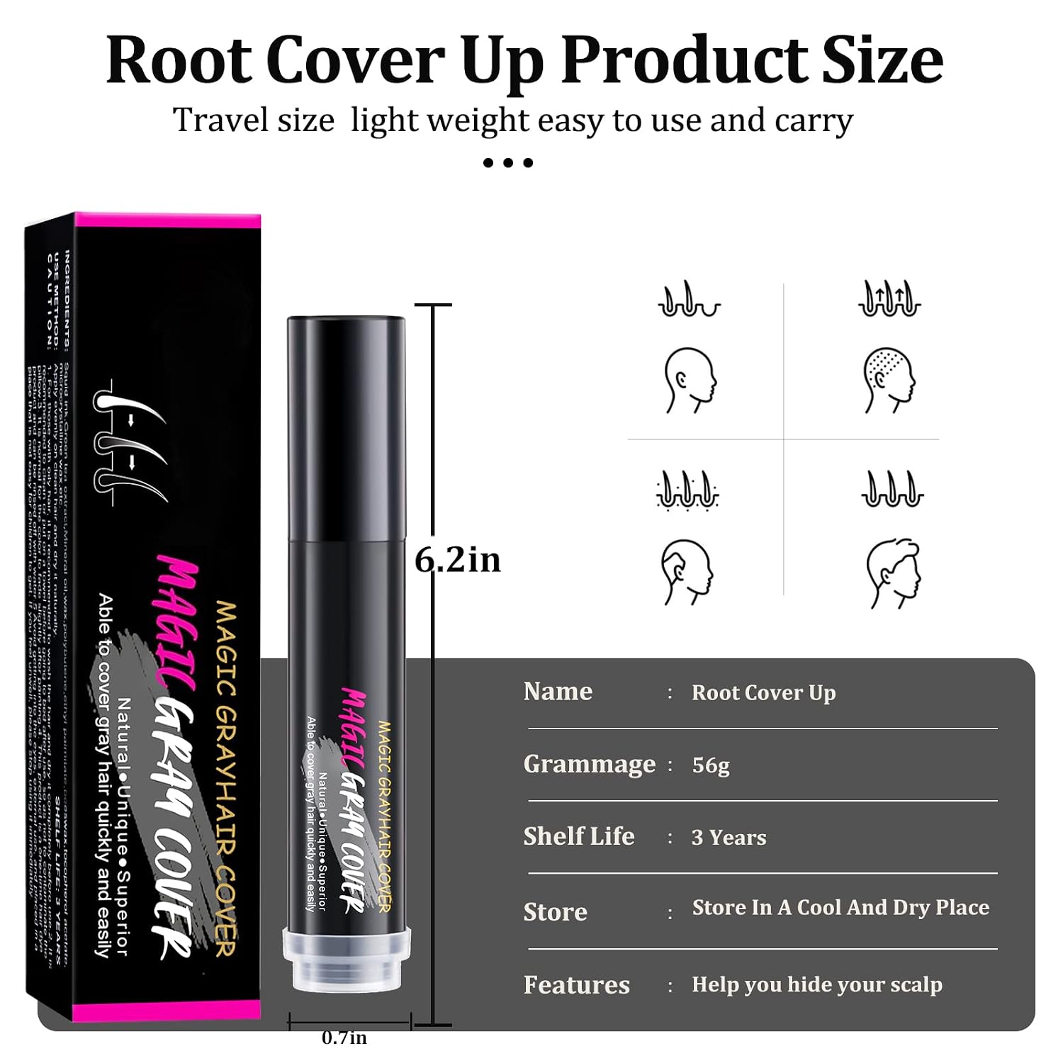 Root Touch Up Hairline Powder Stick - Temporary Gray Coverage, Waterproof Hair Shading Sponge Pen for Hair Filler and Root Dye (Dark Black)