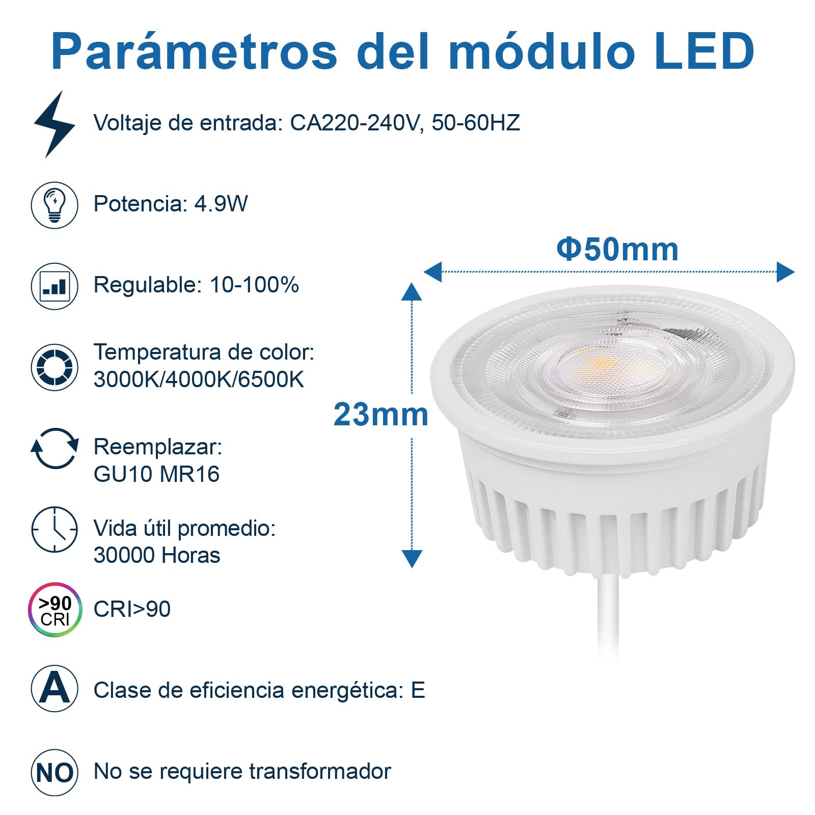 YindaLux 10x 3CCT Módulo LED 230V - 4.9W 500LM 38° ángulo de Haz Para Focos Empotrables - 3000K/4000K/6000K Regulable - Sustituye a la bombilla GU10 MR16 - IP44 Estanca