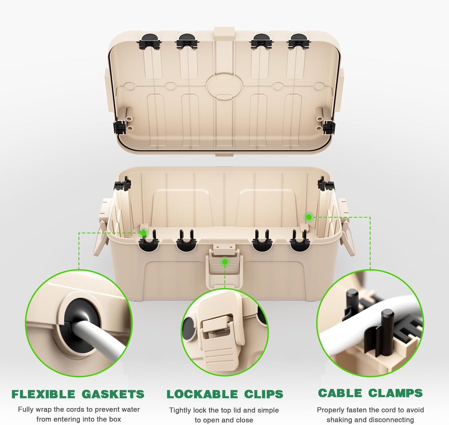 Flemoon 2-Piece Outdoor Waterproof Electrical Box Set – 12.5" x 8.5" x 5" Large & 8.1" x 4.9" x 3.1" Small Weatherproof Electrical Boxes for Power Strips, Outlets, Holiday String Lights, Almond - Image 5