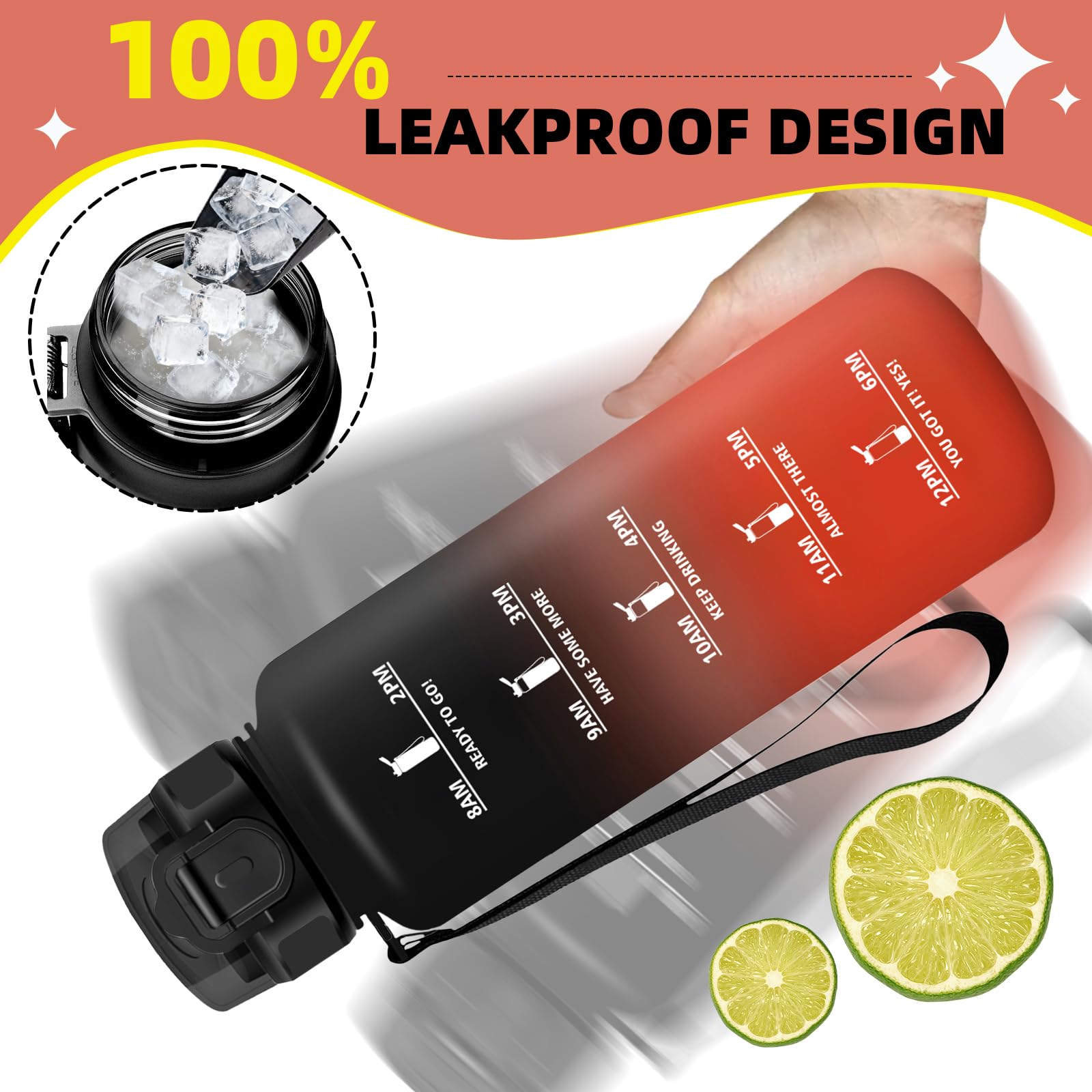 Gourde 1,5l, Anti Fuite Gourde Sport, Gourdes Graduée pour 1 Journee avec Marqueur de Temps, Verrou de Sécurité, Bouteille Motivation avec Paille pour Plein Air, Velo, Cyclisme, Extérieur, - 4