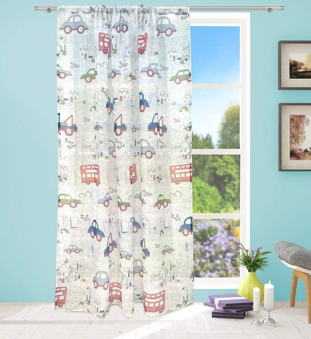 John Aird Kids Cars Voile Slot Top Curtain Panel (55" Wide x 72" Drop)