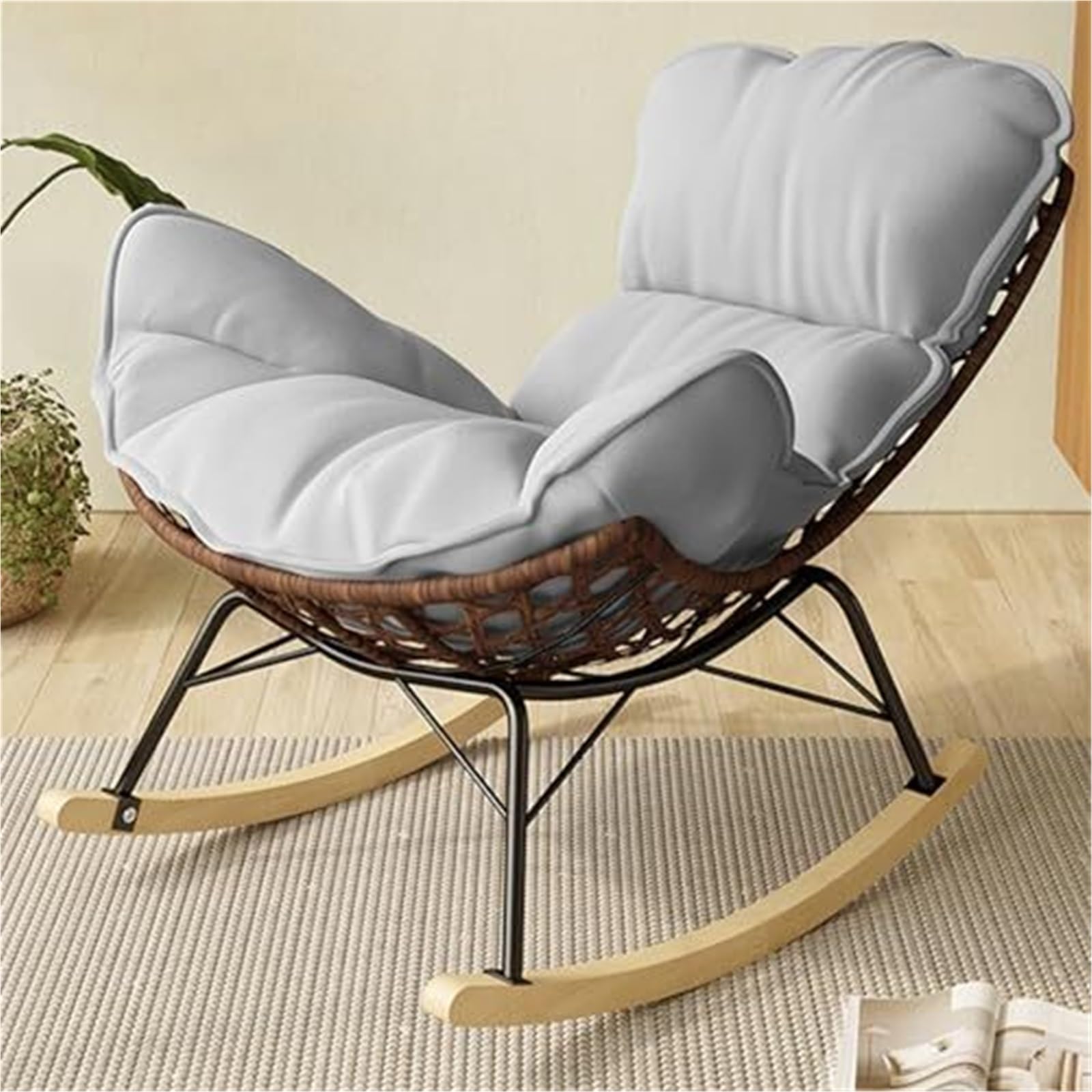 Mecedora de ratán para Exteriores, con cojín Acolchado, reclinable, para Patio, Dormitorio, Sala de Estar, Patio, Porche, jardín, terraza, césped (Gris)