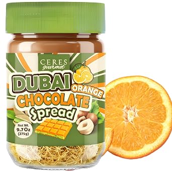 Dubai Spreadable Chocolate with Freeze-Dried Orange Premium Pistachio Spread with Roasted Phyllo - Gourmet Breakfast Chocolate 9.7 oz / 275g Jar