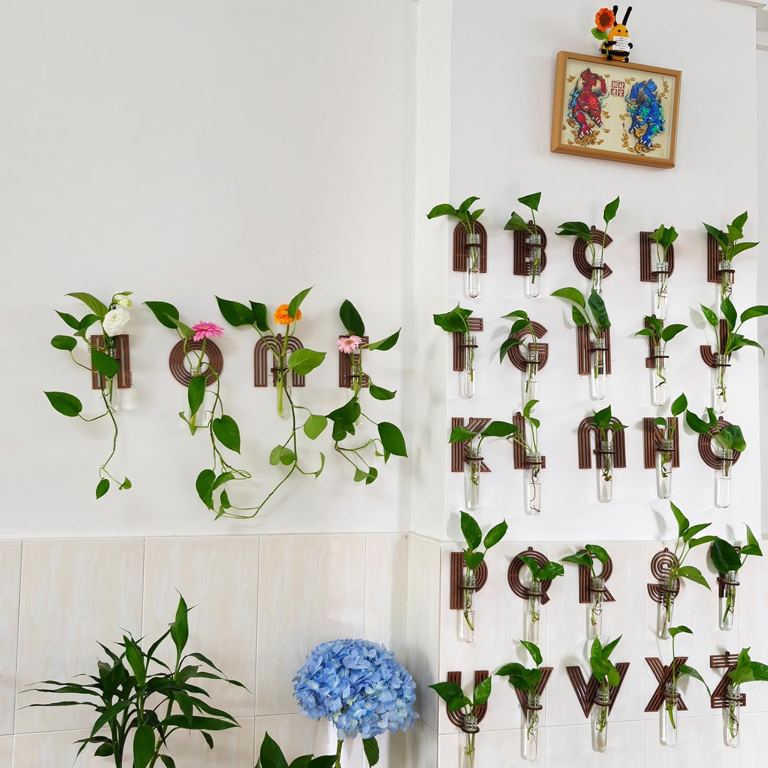 Thrive Letters Wall Propagation Planters Test Tubes Wall Decor for Hanging Plants Clear Water Plant Vase Brown Wood Upletter Alphabet Functional Art Boho 6 Pack