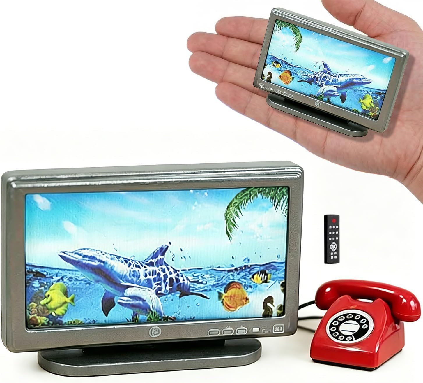 1:12 Scale Miniature TV, Remote and Retro Telephone Set, Blue Ocean Style Collector Display Accessories for Miniature Living Room Diorama, Adult Hobby Decor (Blue(Ocean))