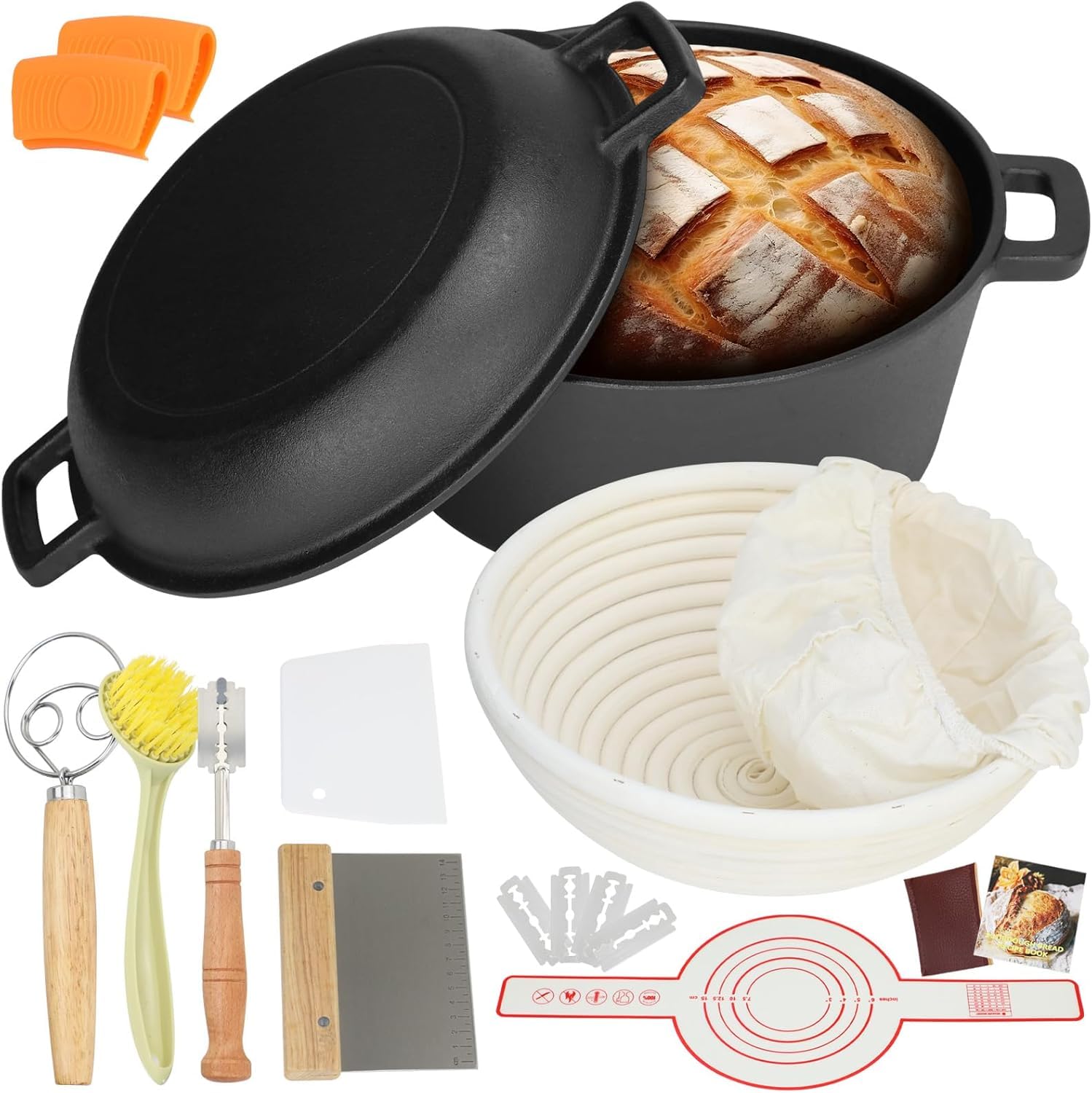 Żeliwny garnek do pieczenia chleba, z koszem fermentacyjnym, zakwasem, akcesoria | 2 w 1 garnek do pieczenia chleba z pokrywką patelni (gotowanie rodzinne, smażenie, duszenie i grillowanie)