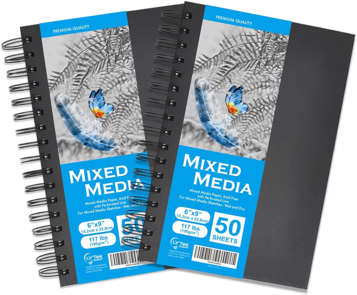 LYTek Mixed Media Sketchbook,Multimedia Sketch Book Hardcover, for Drawing, Sketching and Painting.117lb/190g Acid-Free Paper,Ideal for Pen,Maker,Color Pencil and Light Wash Media,6x9",Pack of 2