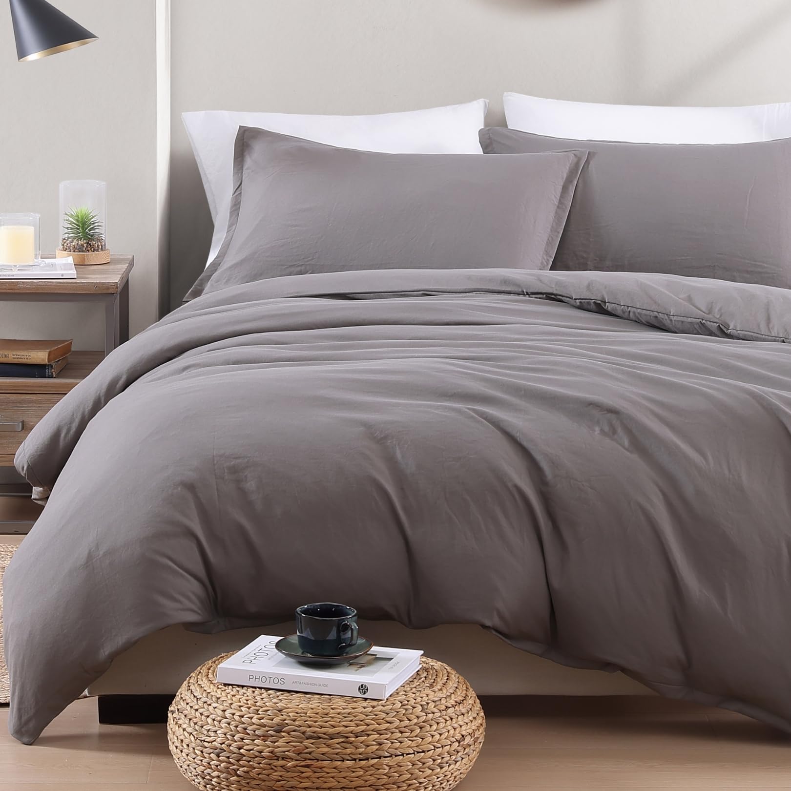 LANE LINEN 4-Piece King Bedding Set - Pre-Washed Microfiber Duvet Cover, Fitted Sheet, and Pillowcase – Cozy and Durable (Grey)
