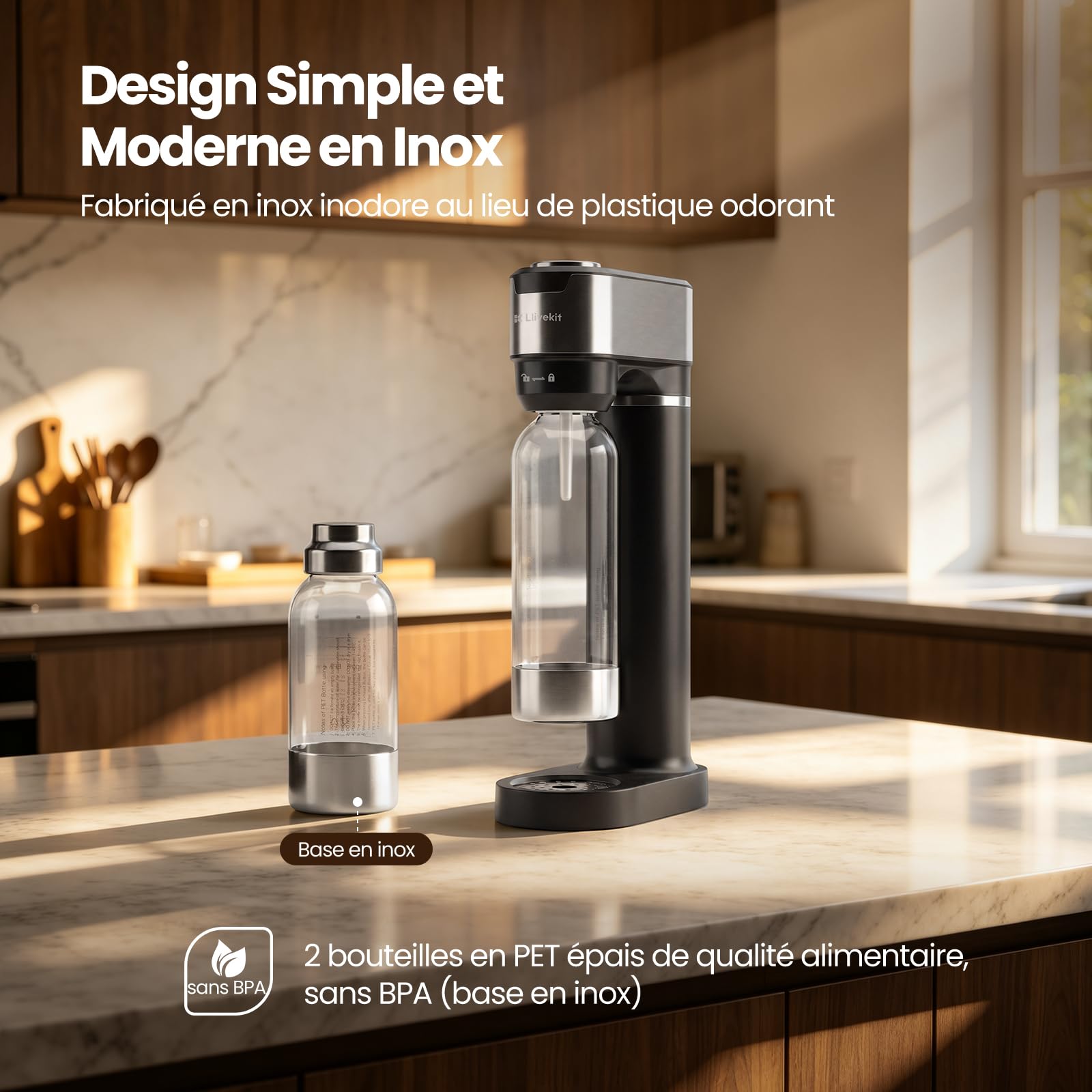 LLIVEKIT Machine à Eau Pétillante avec 4 Niveaux de Bulles, Machine à Soda avec Manomètre Visuel, 2 Bouteilles PET de 0,5 L et 1 L, Soupape de Sécurité, pour Boissons Gazeuses Domestiques, Noir