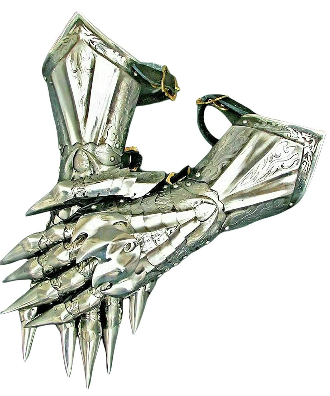 Rynass Medieval Gauntlet Gloves Pair Brass Accents Knight Crusader Armor Steel Gloves, Silver, 16 inch