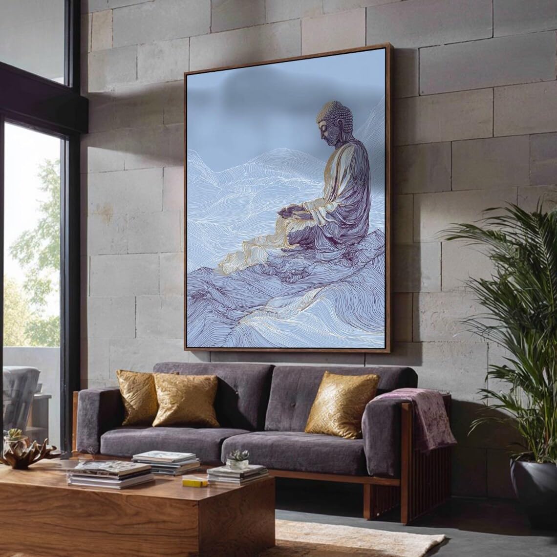 Cuadro de Buda de gran tamaño, retrato budista, lienzo para clases de yoga, decoración espiritual para habitaciones (80x120cm/marco interior).