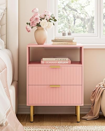 Miniatura 18 de Mesita de noche, mesita de noche de 25.7 pulgadas de alto con estante de 2 cajones, mesita de noche Morden con marco dorado, mesa auxiliar acanalada