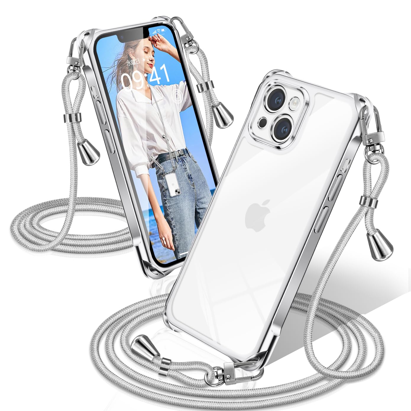XIOYATY 用の iPhone 13 mini ケース クリア ショルダー 耐衝撃 (シルバー)