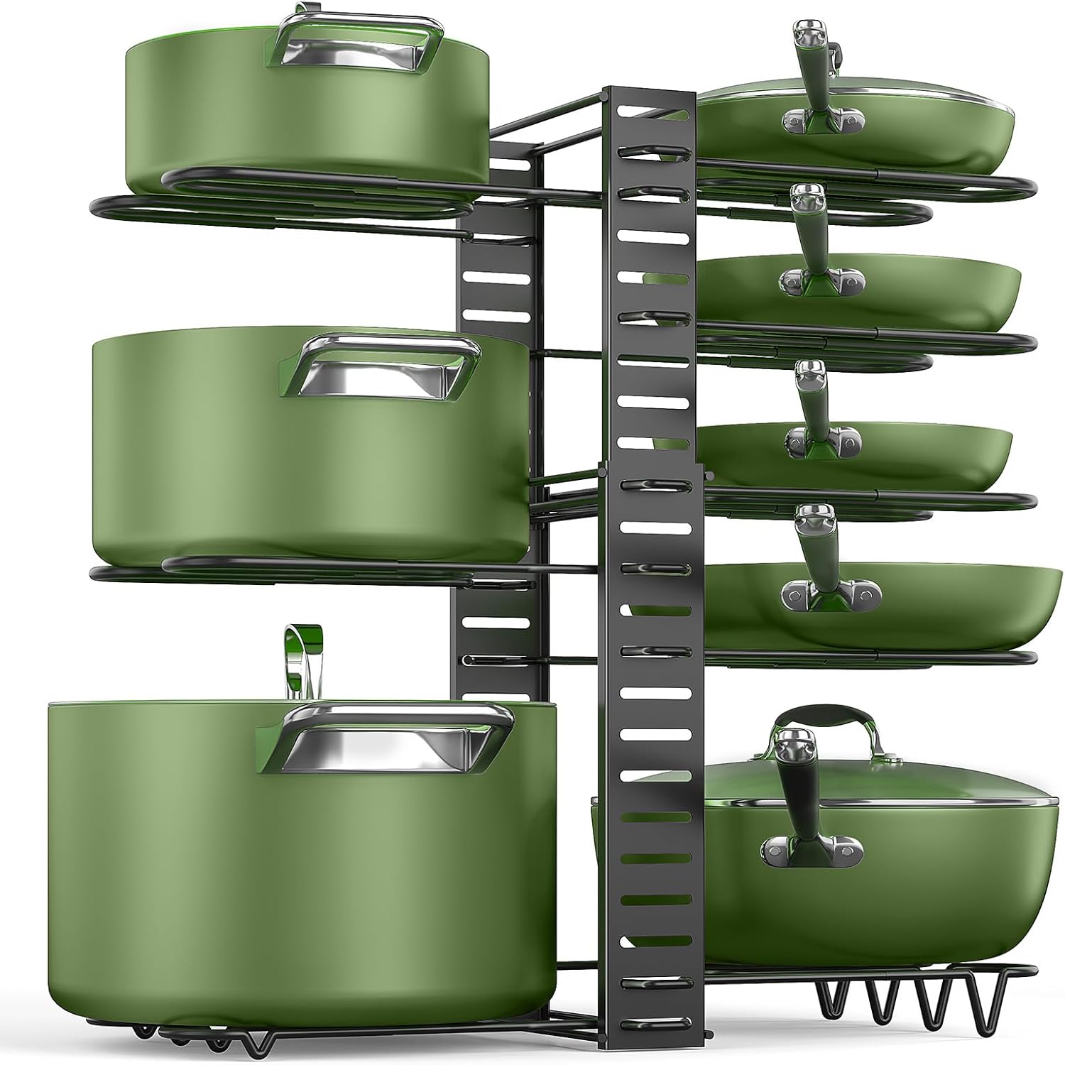 MUDEELA Pots and Pans Organizer Rack under Cabinet 14.55in Height, 8-Tiers Adjustable Pot Rack with 3 DIY Methods, Pot Lid Organizer inside Cabinet for Kitchen Pantry Organization and Storage