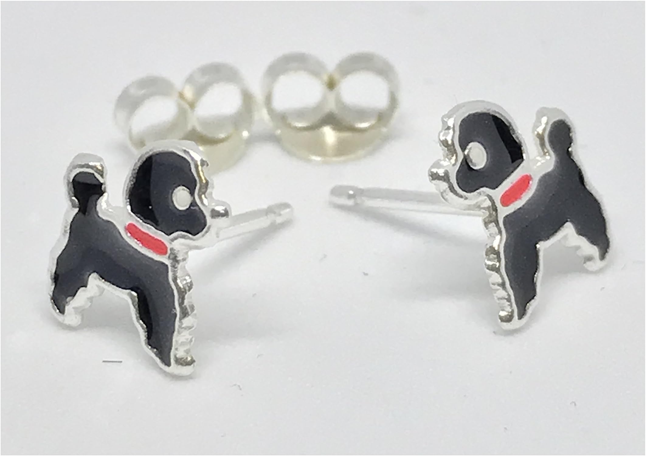 Children's Silver Black Poodle Dog Earrings - Ear Studs with Epoxy