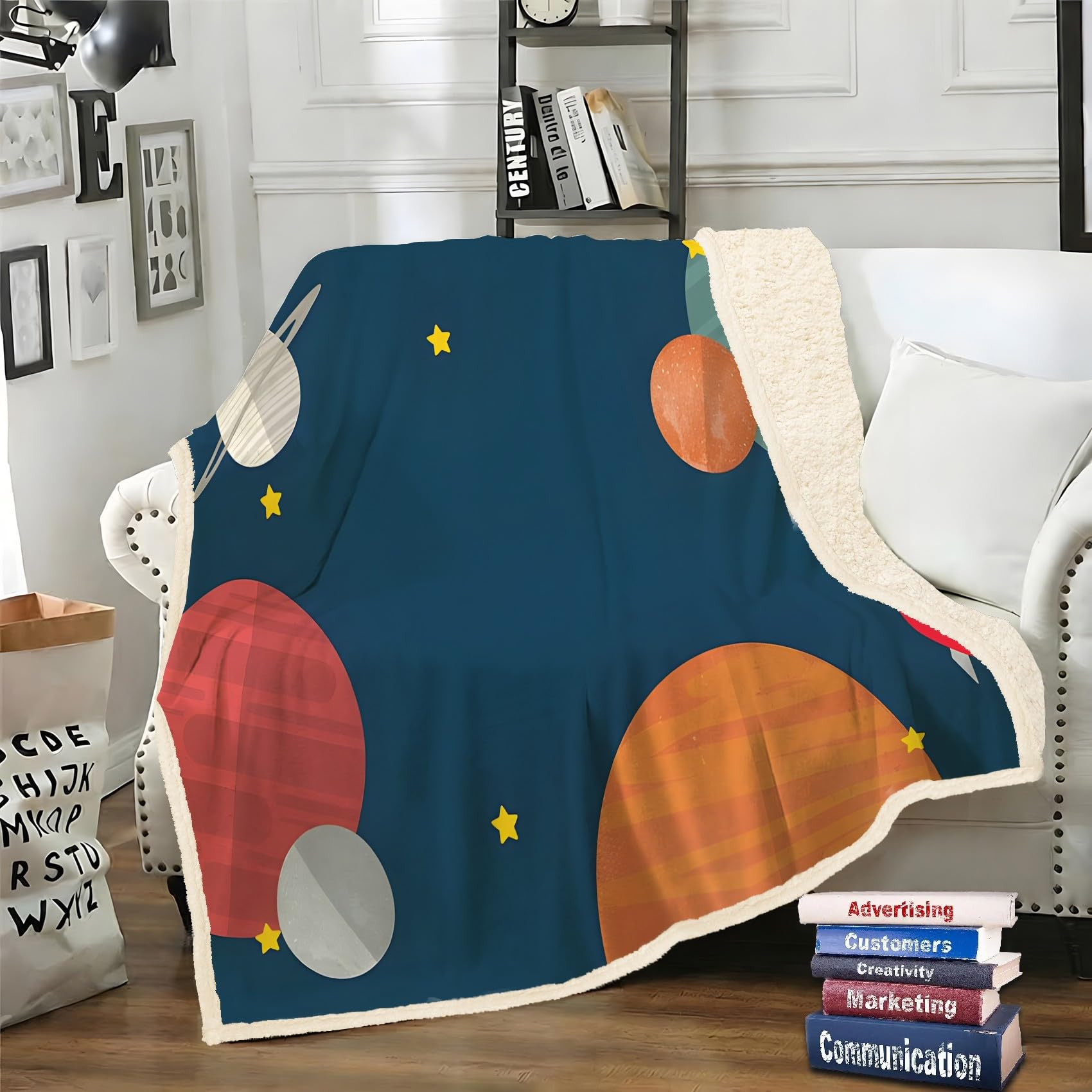 LLSZAHD Blue Universe Sherpa Blanket Children Thermal Fleece Throw, Soft and Fluffy Bed Blanket for Sofa, Armchair or Travel, 130 x 150 cm