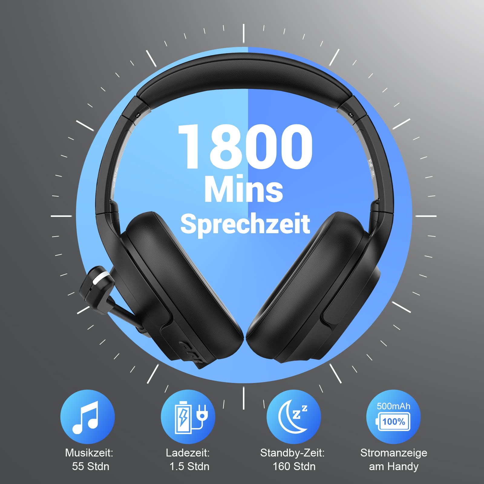 EKSA H6 Bluetooth Headset mit Mikrofon & USB Dongle [55 Stdn & 10M Reichweite] Wireless PC Headphones mit AI Rauschunterdrückung Mic, Over Ear Headset für Business/Büro/Zuhause/Teams