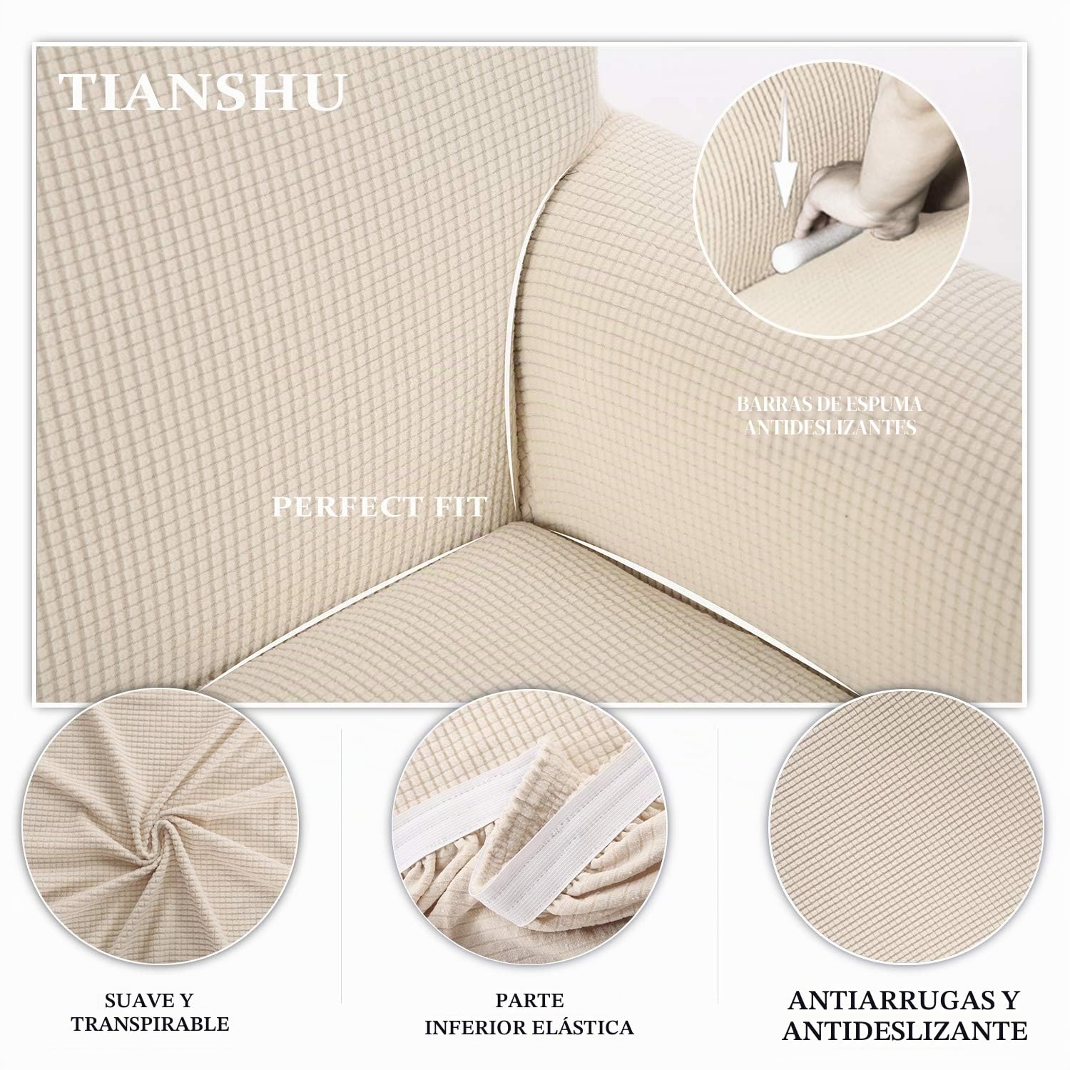 TIANSHU Funda Elástica para Sofá, Funda Sofa 3 Plaza, Ajustables Fundas Sofa Elasticas, Proteger el sofá, Funda de Sofá con Reposabrazos Antideslizante Antimanchas Lavable (Beige)
