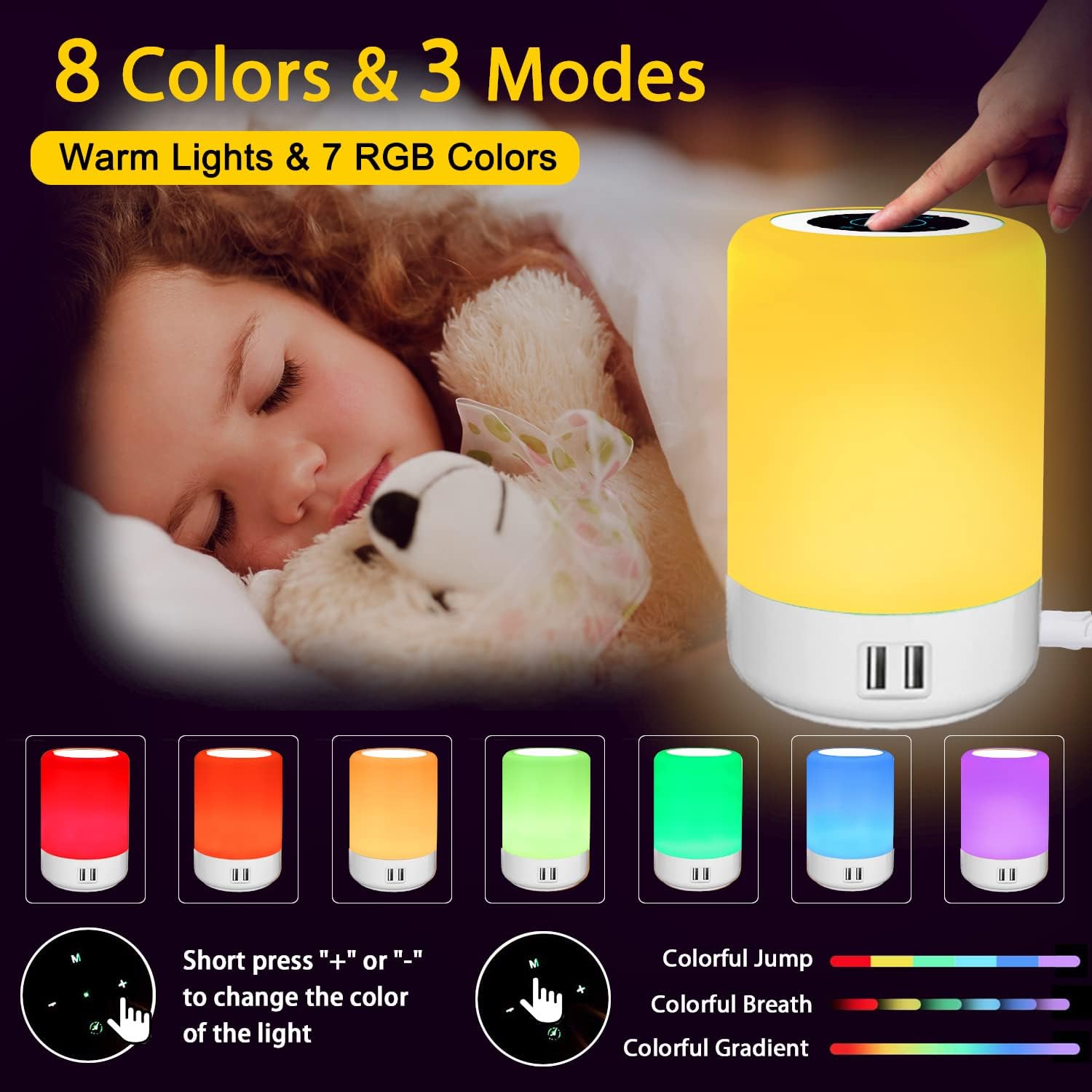 Taipow Touch Bedside Lamps with 4 USB-A Charging Port, 3 Modes, 8 Colors and 10 Brightness Levels Touch Lamp - Image 3