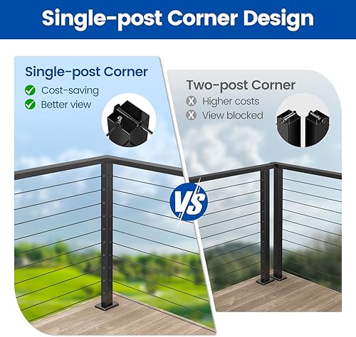 Miniatura 3 de Muzata Poste de tres lados perforado en T de 36 x 2 x 2 pulgadas, barandilla de cable superior fija, montaje superior, acabado negro, cubierta de