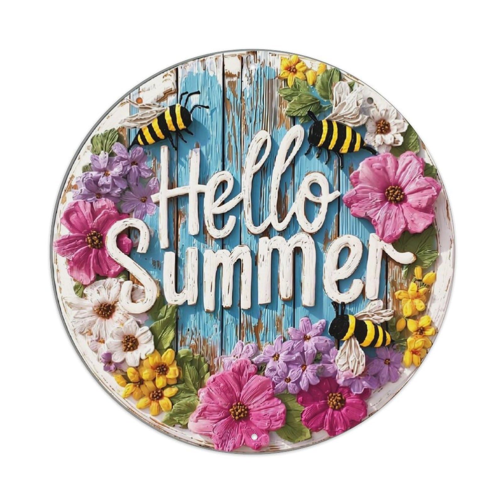 Hello Summer Floral Bee Design Tin Sign Metal Poster Vintage Metal Signs for Home Man Cave Bar Cafe Kitchen laundry room Wall Decorations 8x8 inches