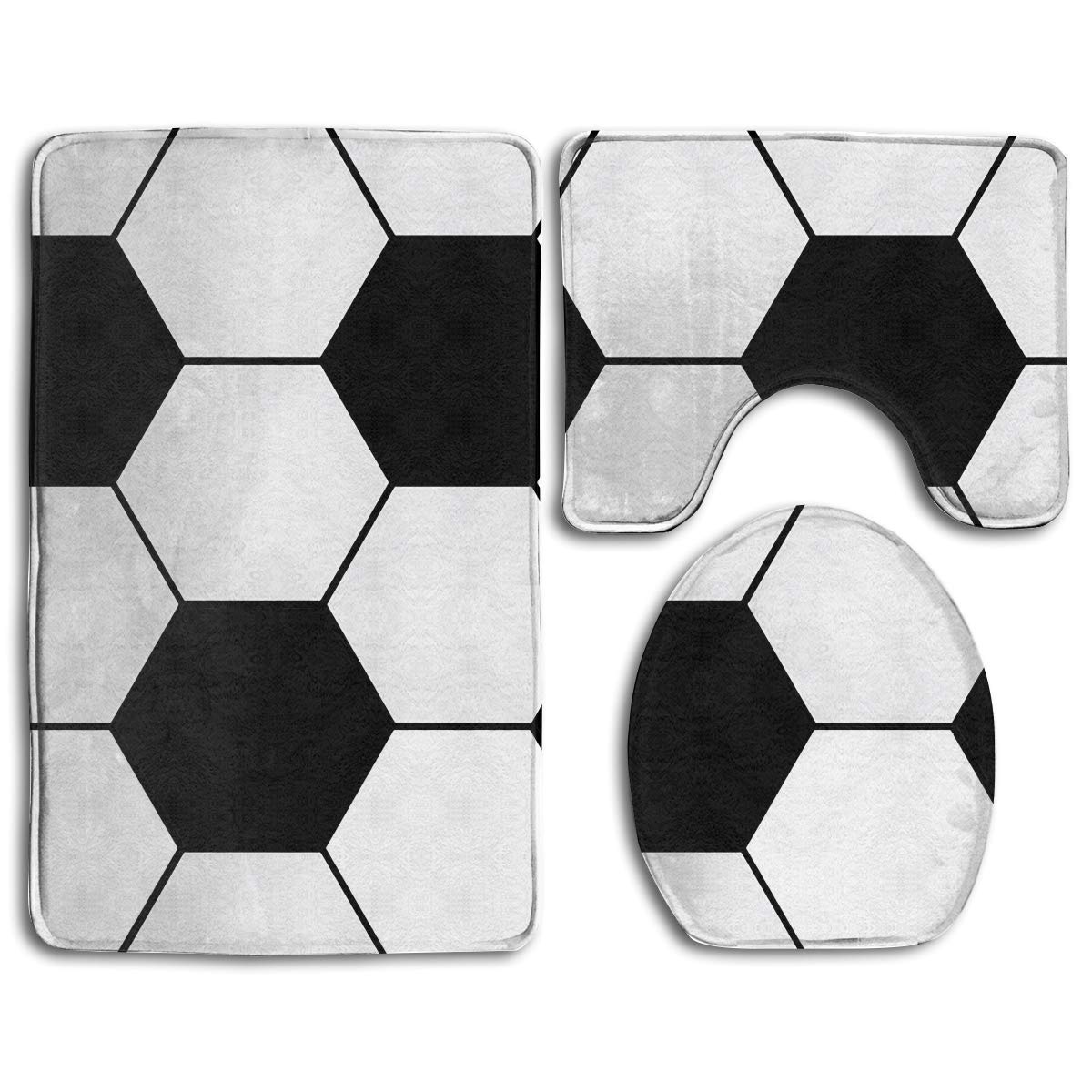 NEWpapa HYTRG Soccer Ball Tile Bathroom Carpet Rug 3 Piece Soft Family Flannel Bath U Contour Non-Slip Mat Set Lid Toilet Cover