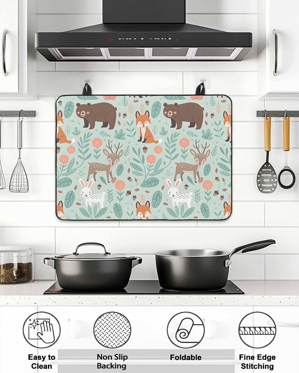 Cartoon Animals Stove Top Cover for Electric Stove, Bunny Foxes Elk Abstract Art Heat-proof & Non Slip Glass Top Stove Cover Protector, Kitchen Flat Cooktop Rubber Mat 28.5x20.5 Inches