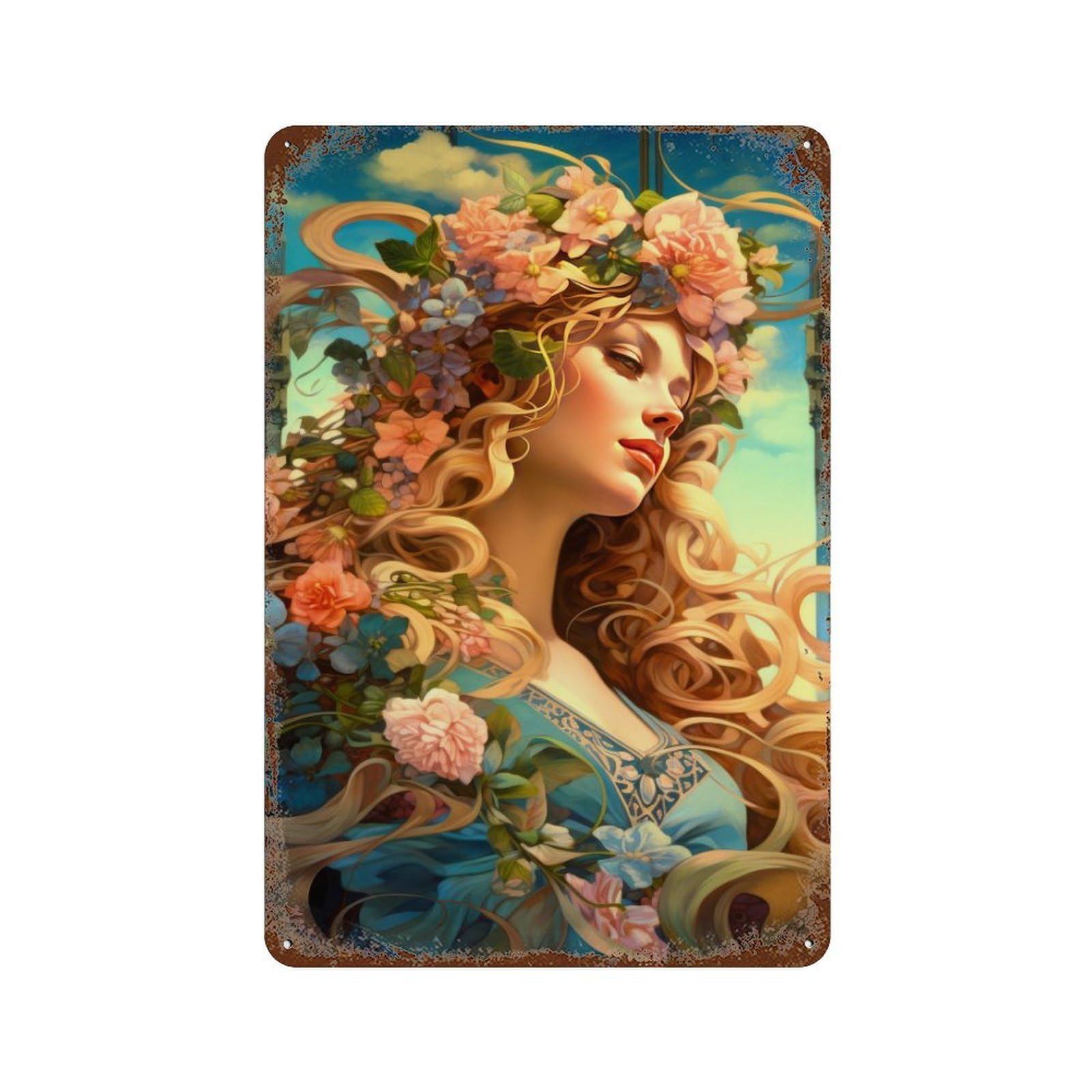 Fantasy Floral Portrait Art Print Rustic Tin Plaque 11.8"x7.9", Novelty Wall Decor for Garage, Pub Or Kitchen