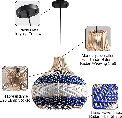 Miniatura 7 de Lámpara colgante de ratán de 3 luces de 15 pulgadas, tejida a mano, color azul y blanco, 1 lámpara colgante de ratán sintético bohemio, para sala de